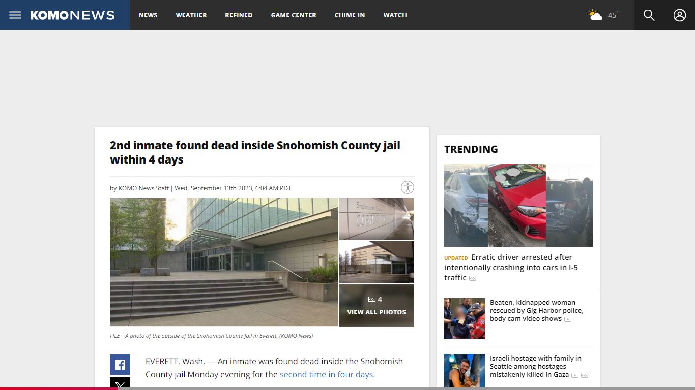2nd inmate found dead inside Snohomish County jail within 4 days